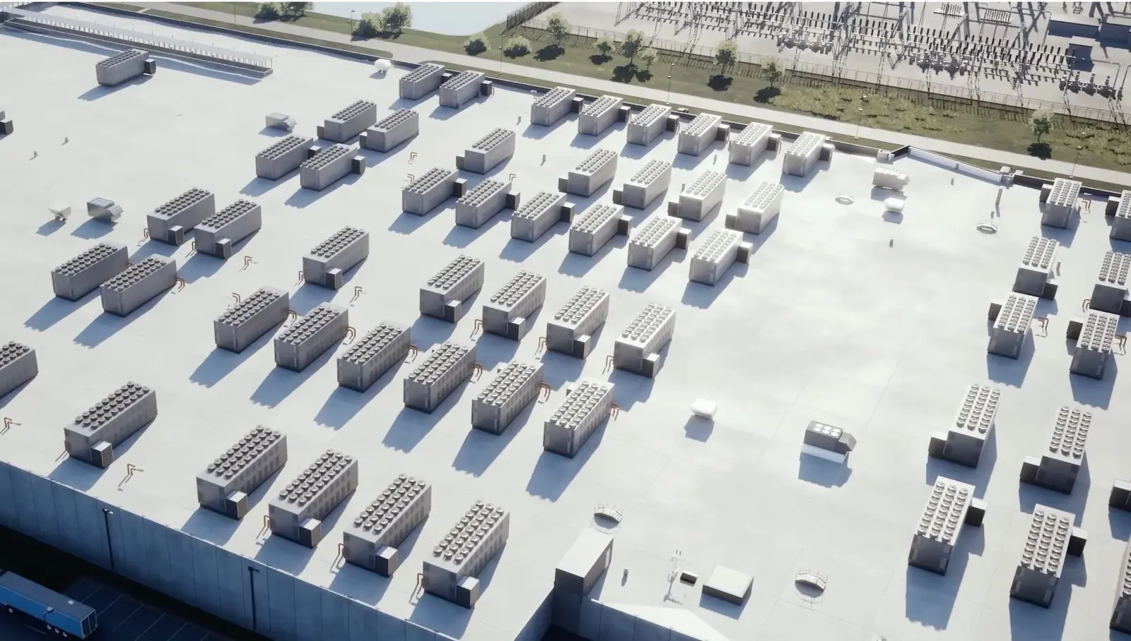 Aerial view of a completed data center roof with rooftop mechanical units
