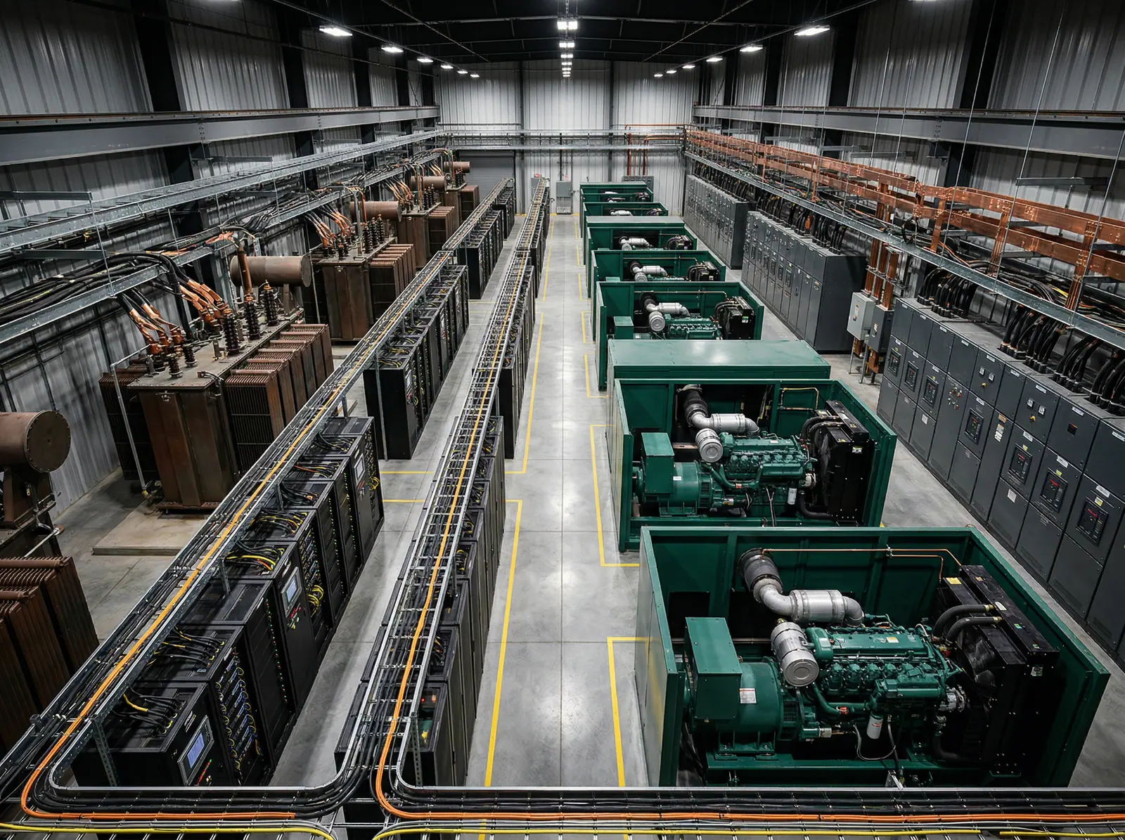 Critical power distribution hall with generators and switchgear